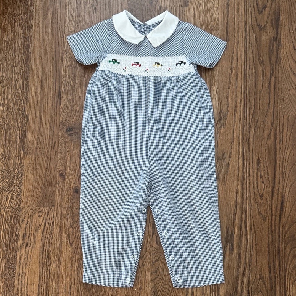 Talbots Kids Navy and White Gingham Romper with Embroidered Cars